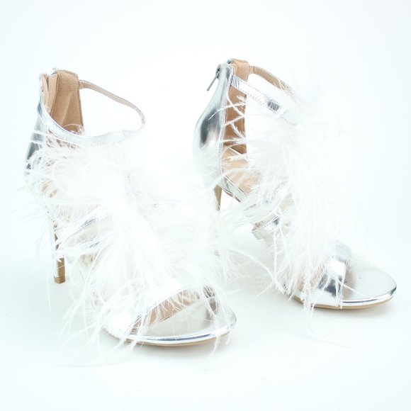 Shoes - Fluffy Feathered Feather Silver White Heels Flowy